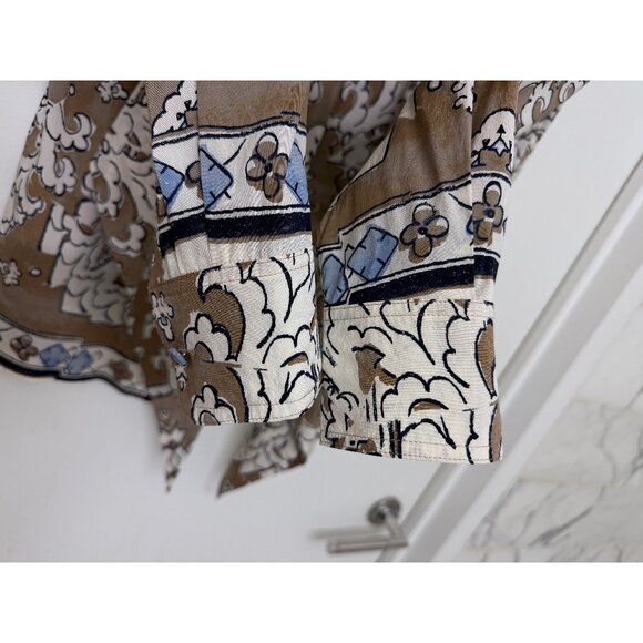 Tory Burch Wheat Nocturne Print Silk Blouse Top Floral Taupe White Bow Tie 4 - Picture 14 of 16